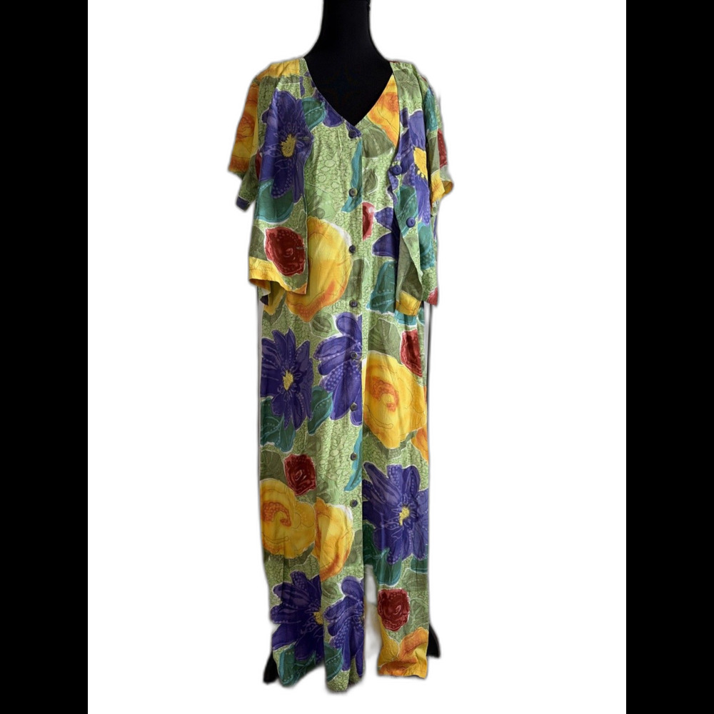 Vintage 90’s Jam’s World Exploded Floral Maxi Dress Top 2 Piece Set XL Tropical